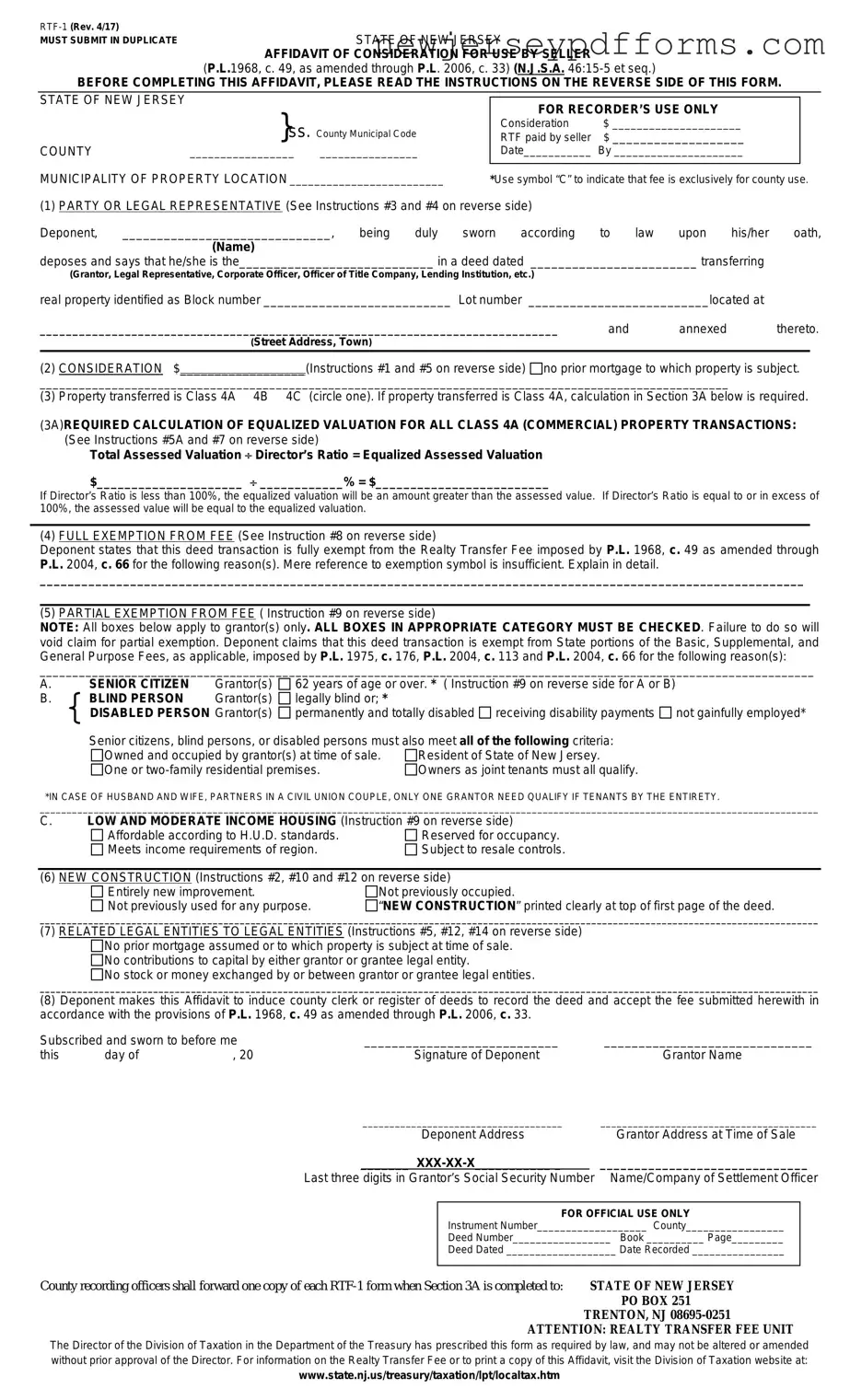 Printable New Jersey Affidavit of Consideration RTF-1 Form