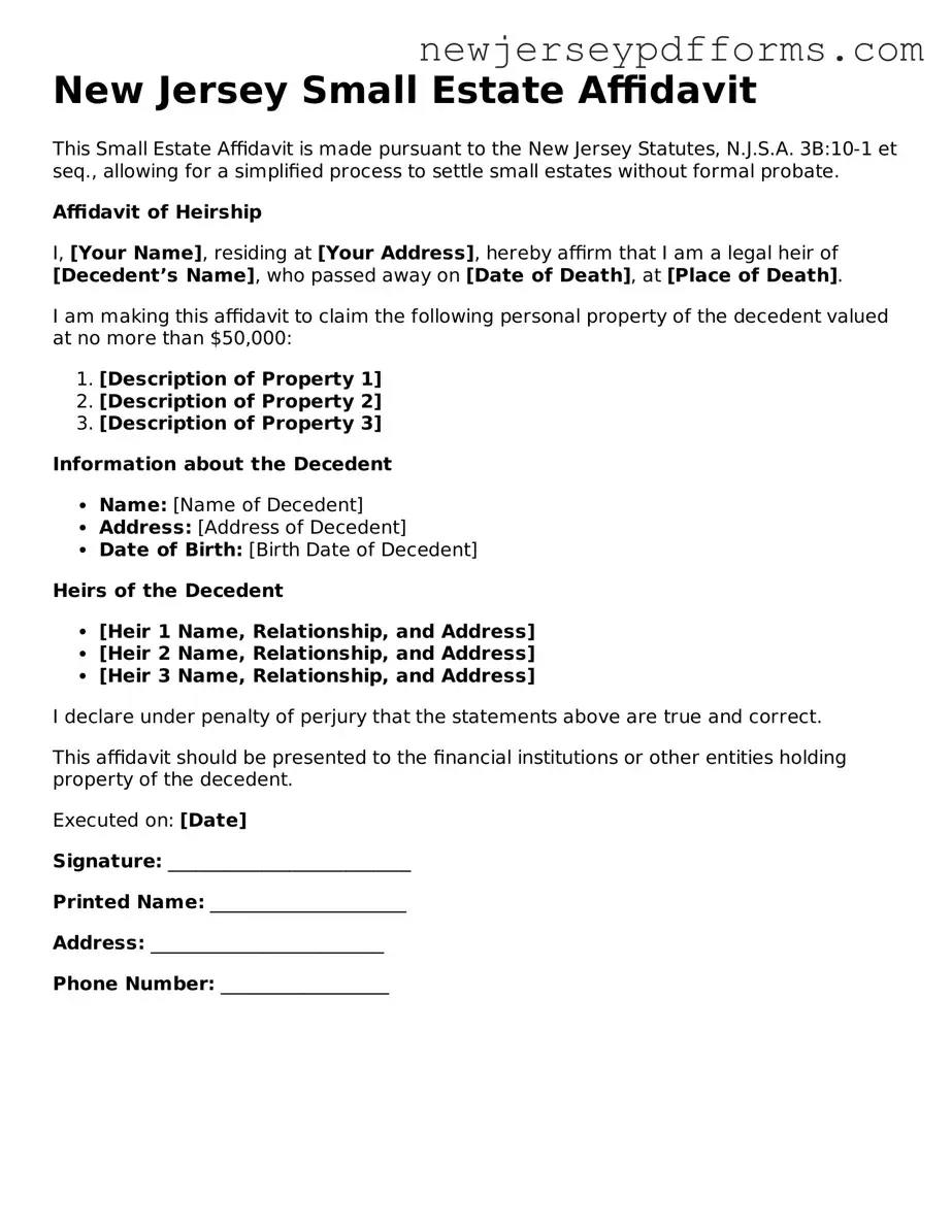 Valid Small Estate Affidavit Document for the State of New Jersey