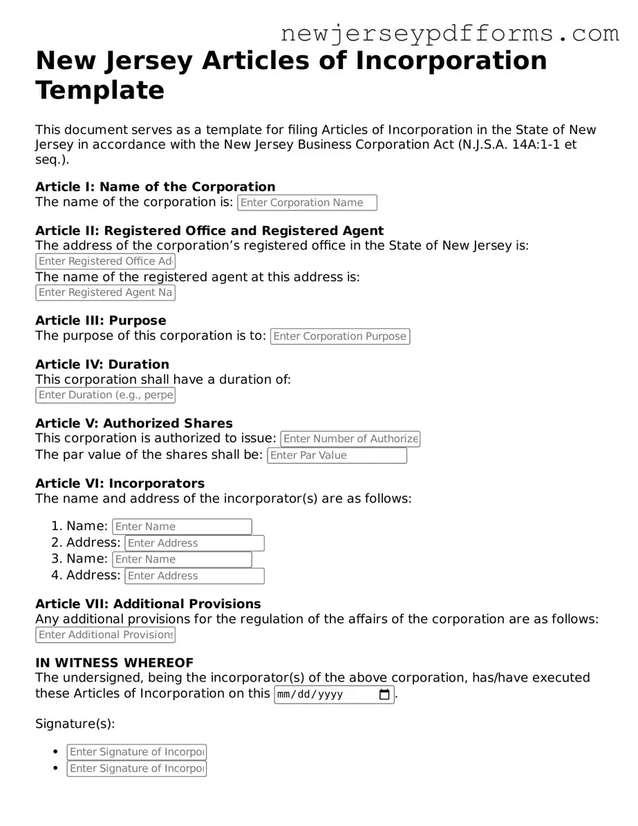Valid Articles of Incorporation Document for the State of New Jersey