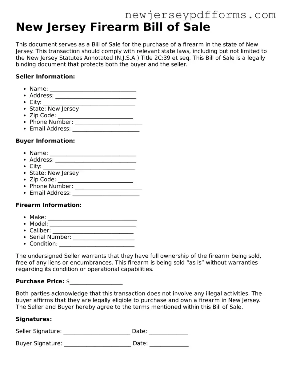 Valid Firearm Bill of Sale Document for the State of New Jersey