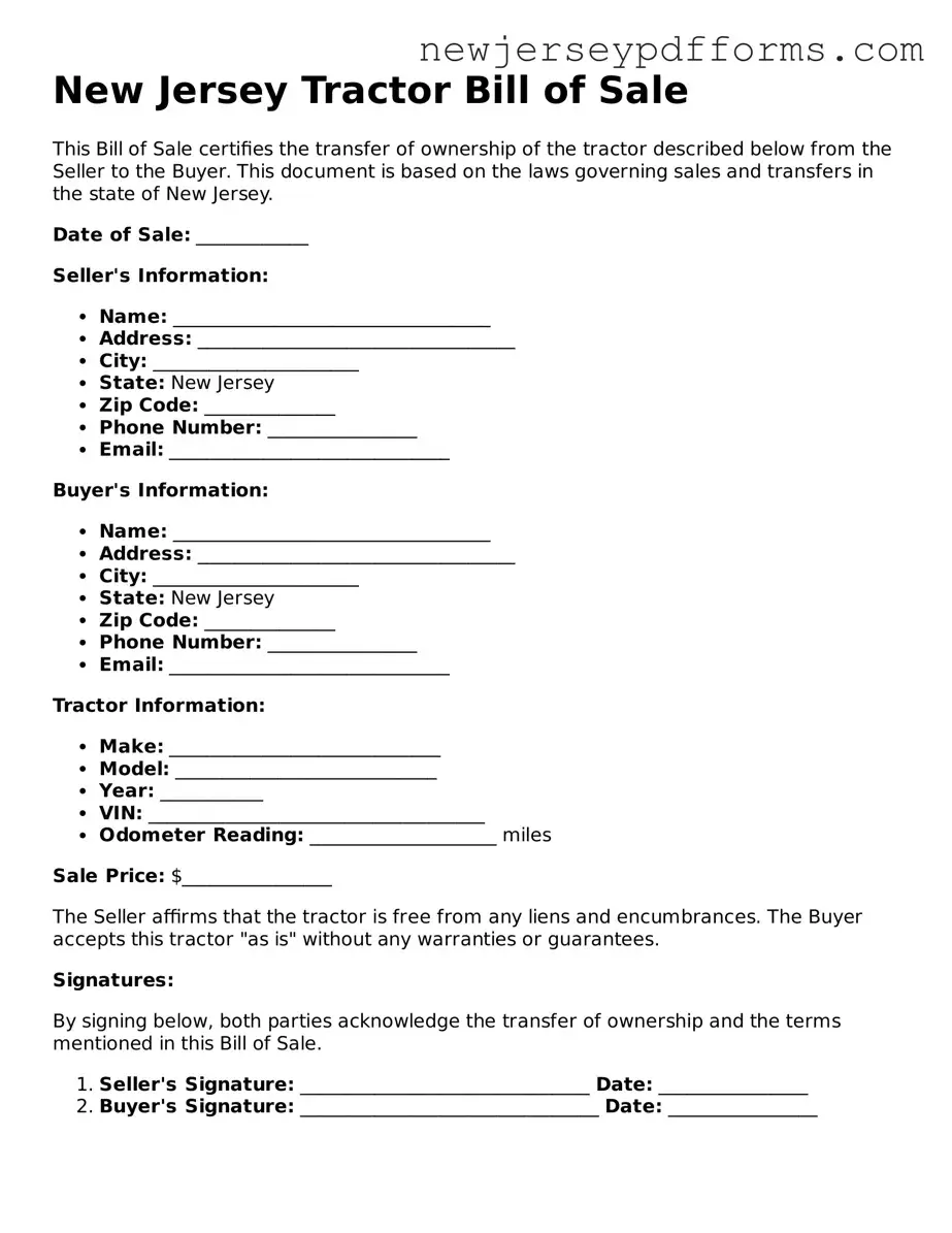 Valid Tractor Bill of Sale Document for the State of New Jersey