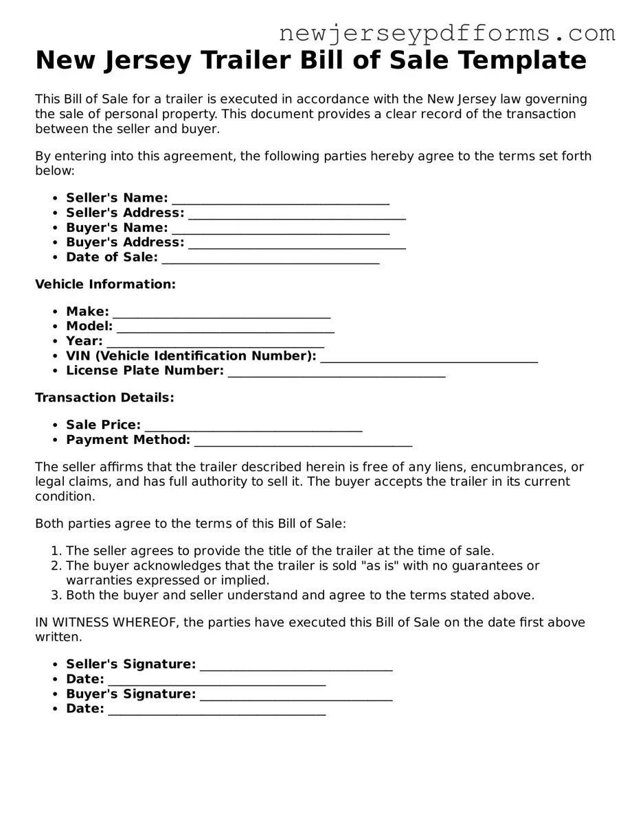 Valid Trailer Bill of Sale Document for the State of New Jersey
