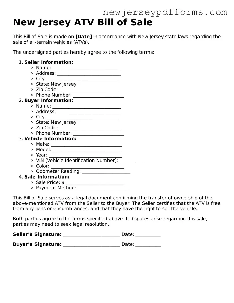 Valid ATV Bill of Sale Document for the State of New Jersey