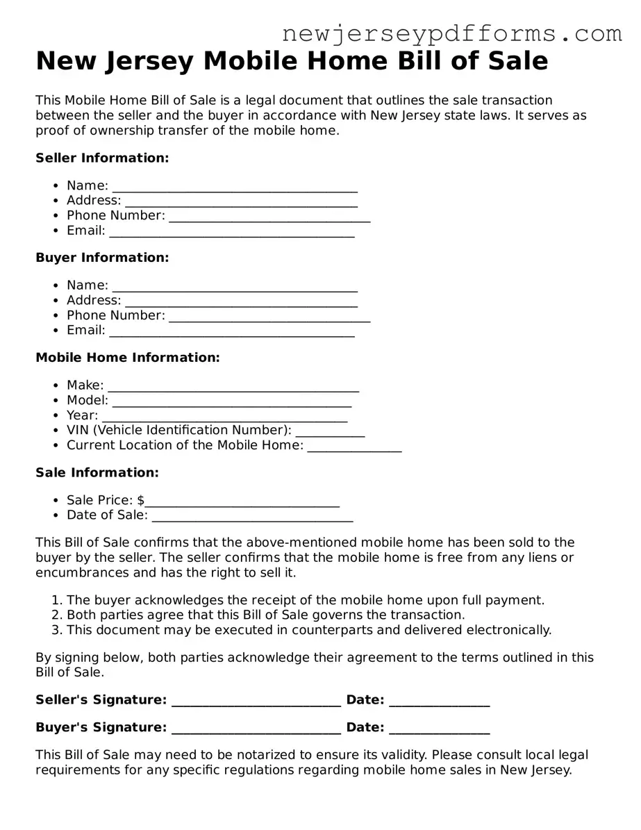 Valid Mobile Home Bill of Sale Document for the State of New Jersey