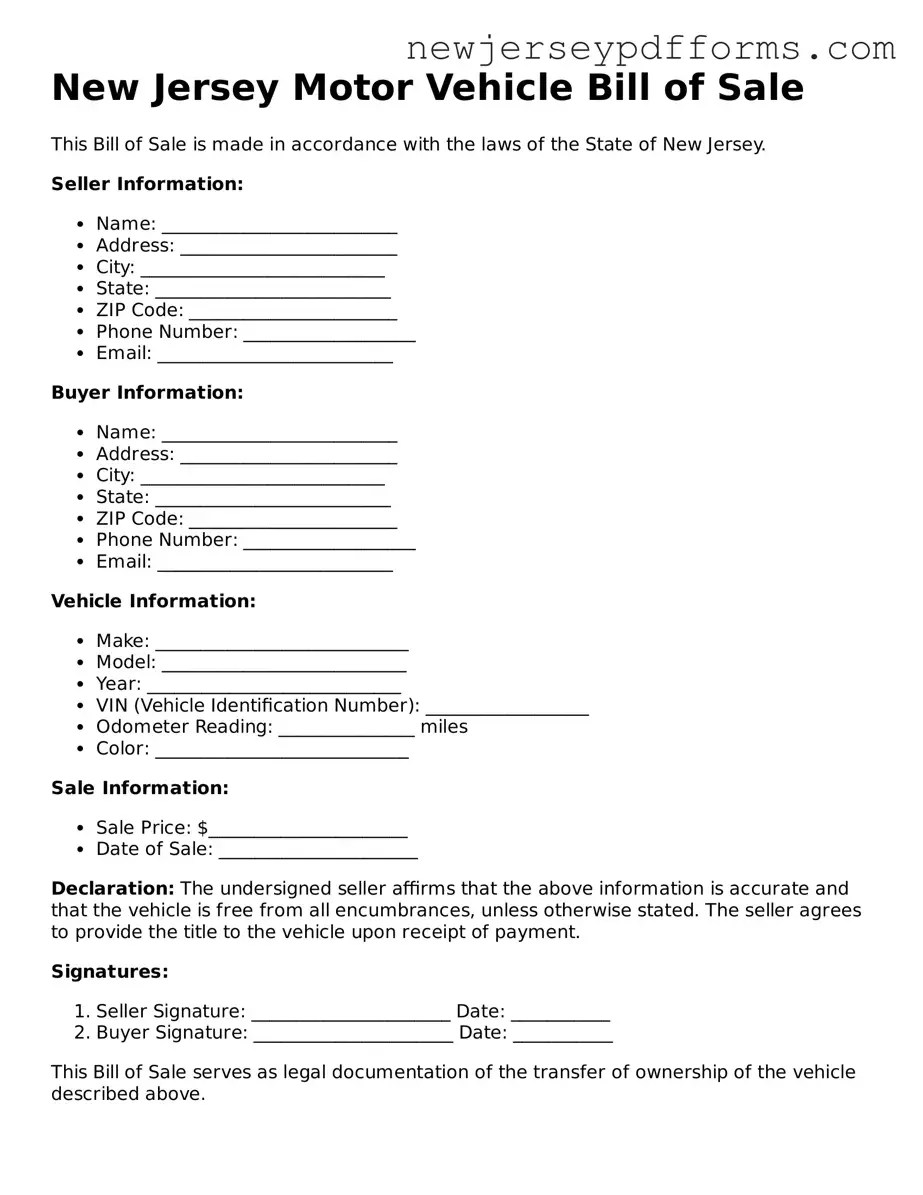 Valid Motor Vehicle Bill of Sale Document for the State of New Jersey