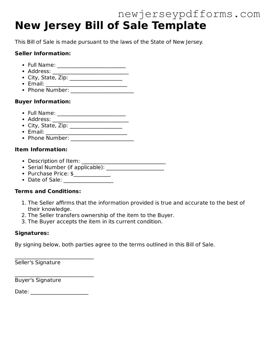 Valid Bill of Sale Document for the State of New Jersey