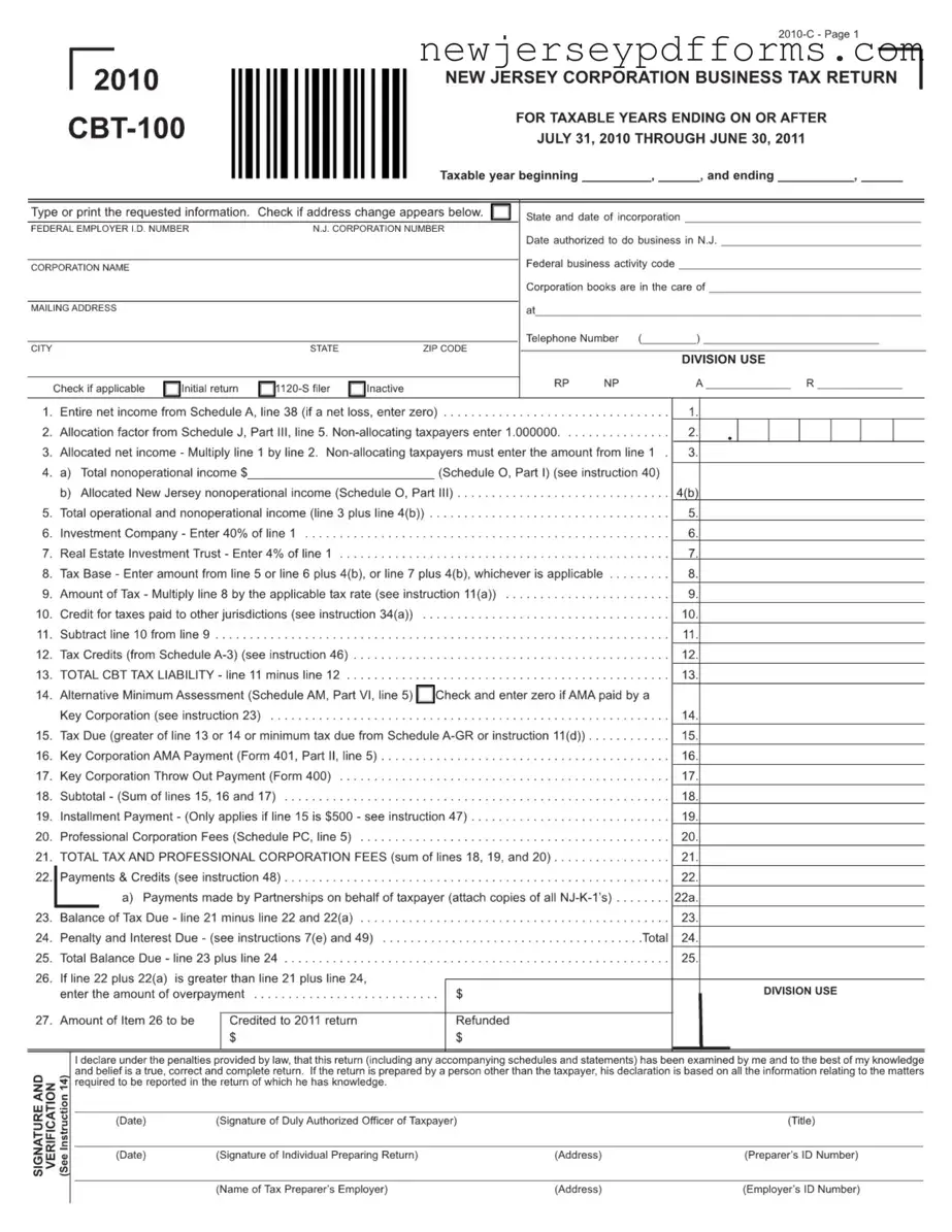 Printable New Jersey Cbt 100 Form