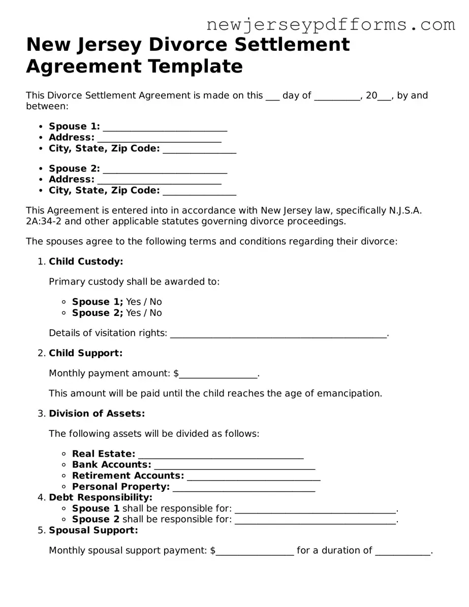 Valid Divorce Settlement Agreement Document for the State of New Jersey