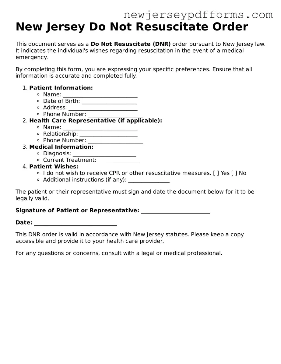 Valid Do Not Resuscitate Order Document for the State of New Jersey