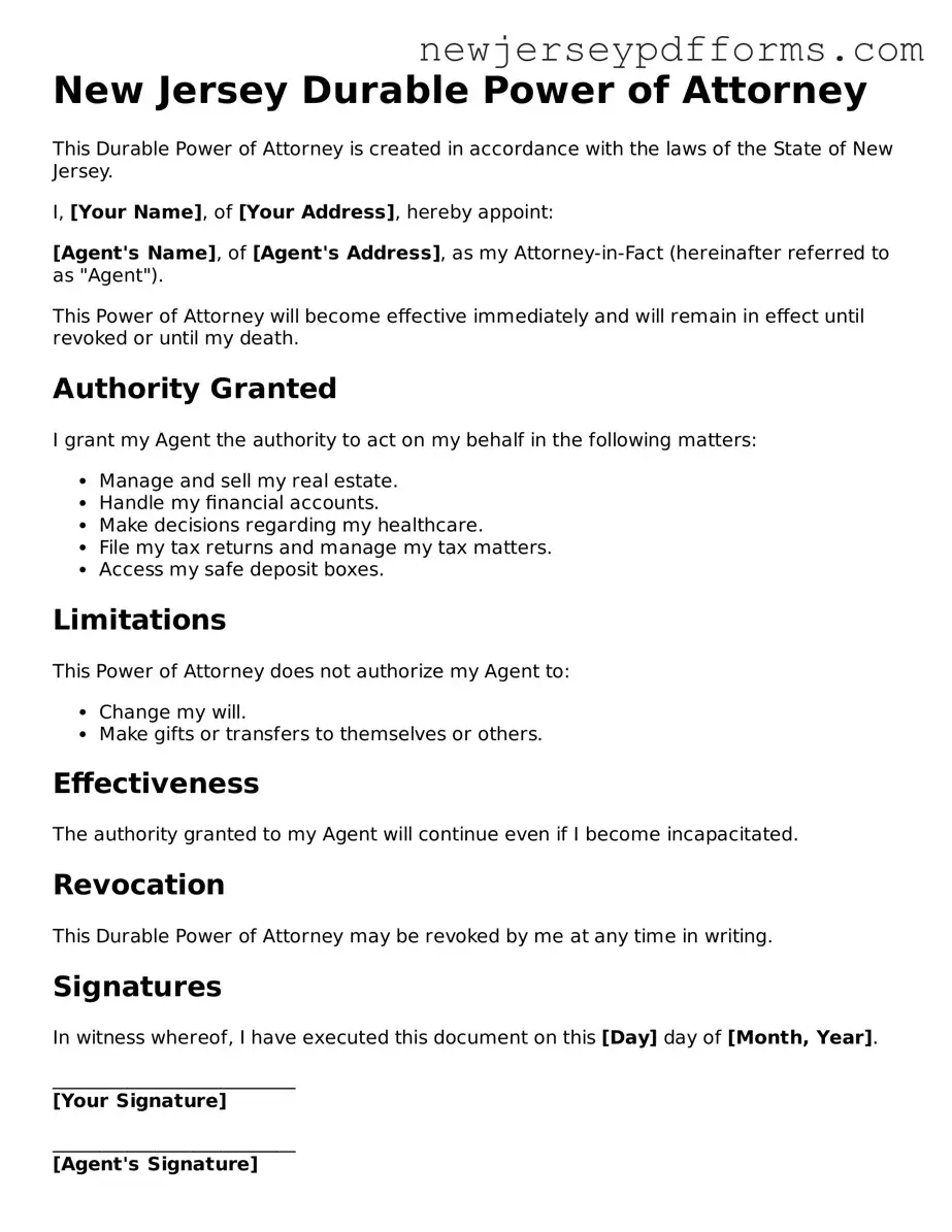 Valid Durable Power of Attorney Document for the State of New Jersey