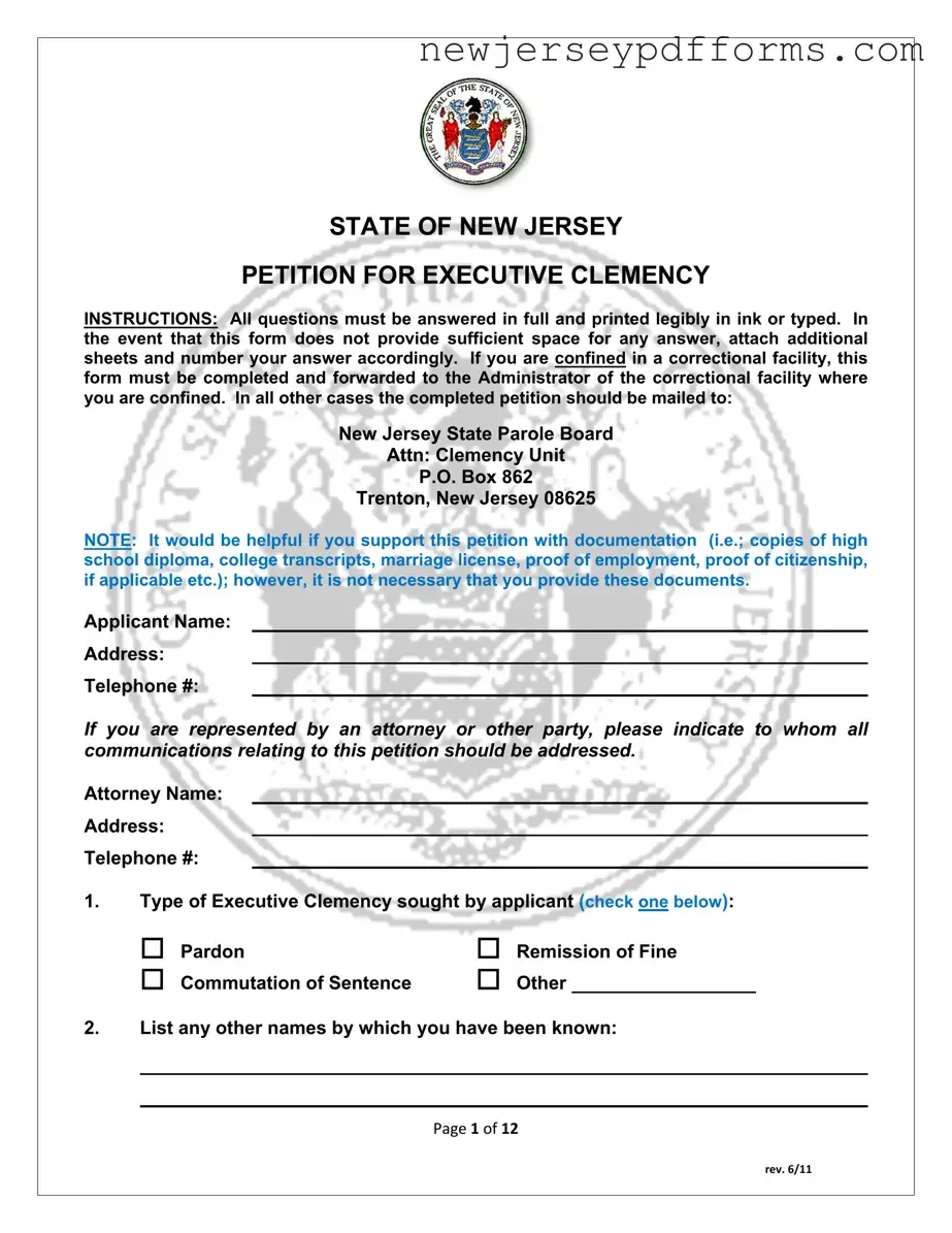 Printable New Jersey Executive Clemency Form