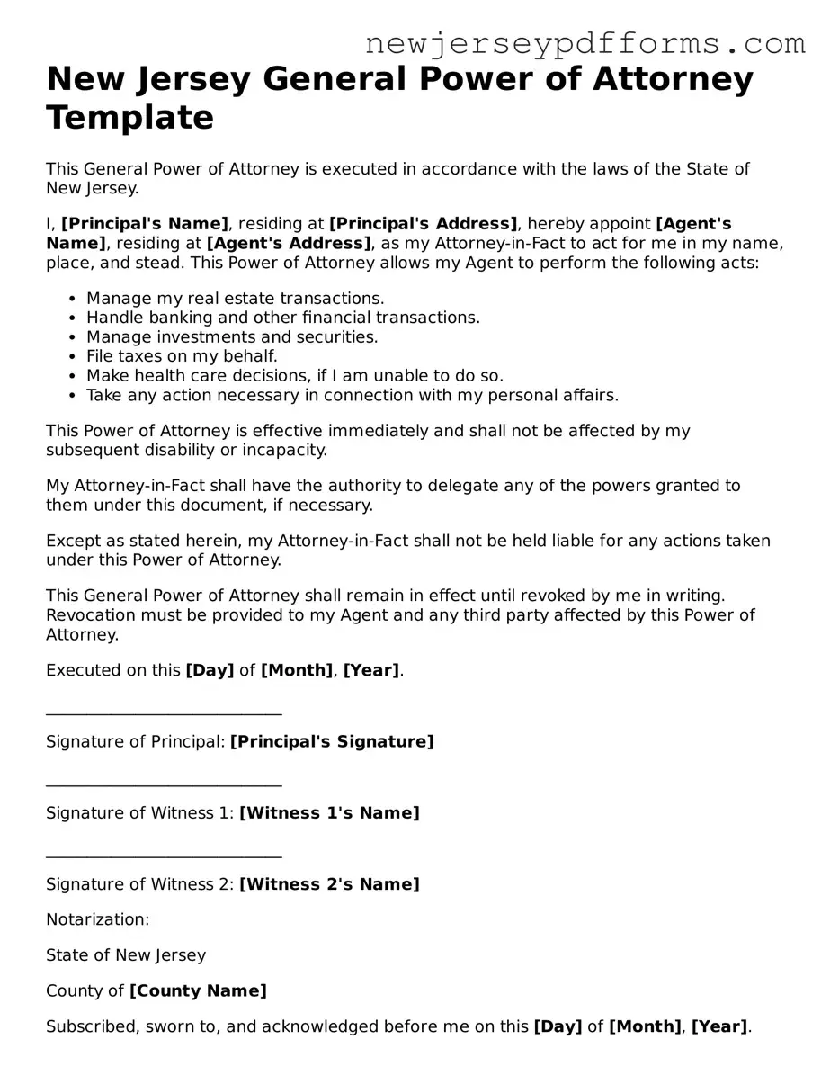 Valid General Power of Attorney Document for the State of New Jersey
