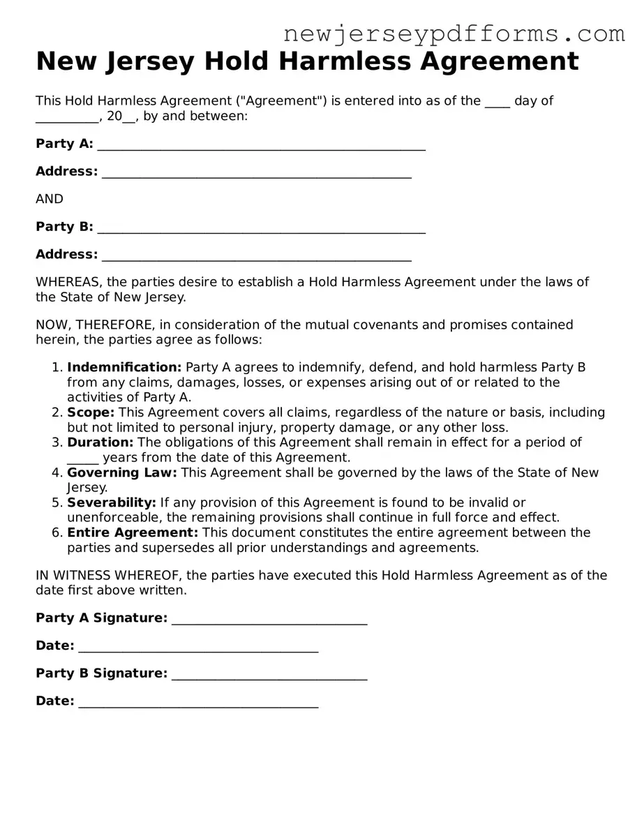 Valid Hold Harmless Agreement Document for the State of New Jersey