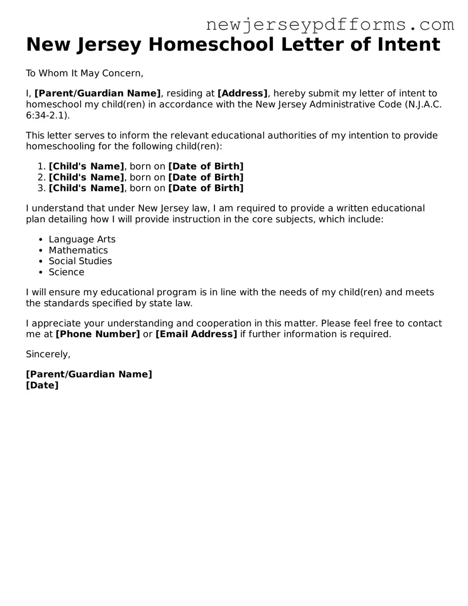 Valid Homeschool Letter of Intent Document for the State of New Jersey