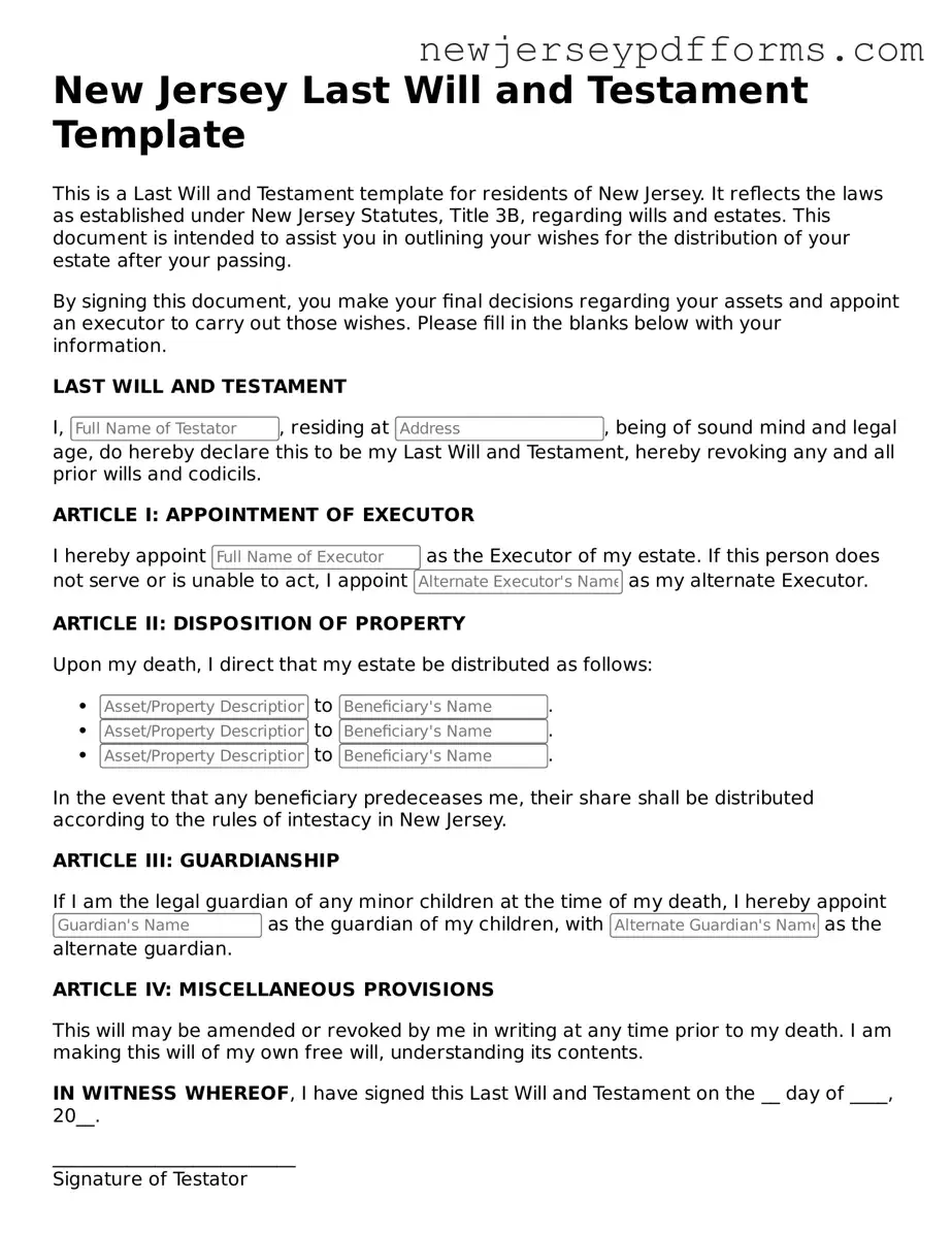Valid Last Will and Testament Document for the State of New Jersey