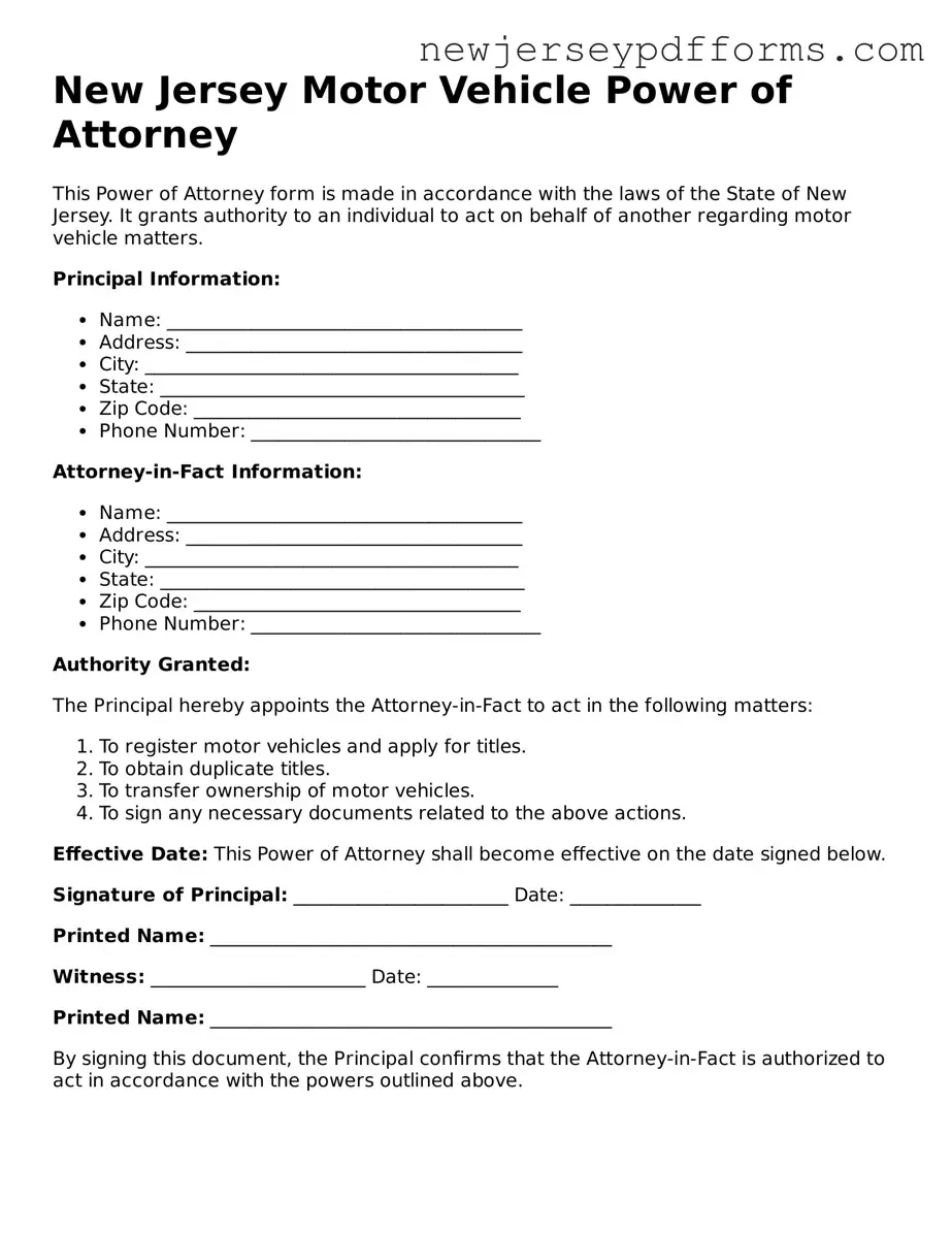 Valid Motor Vehicle Power of Attorney Document for the State of New Jersey