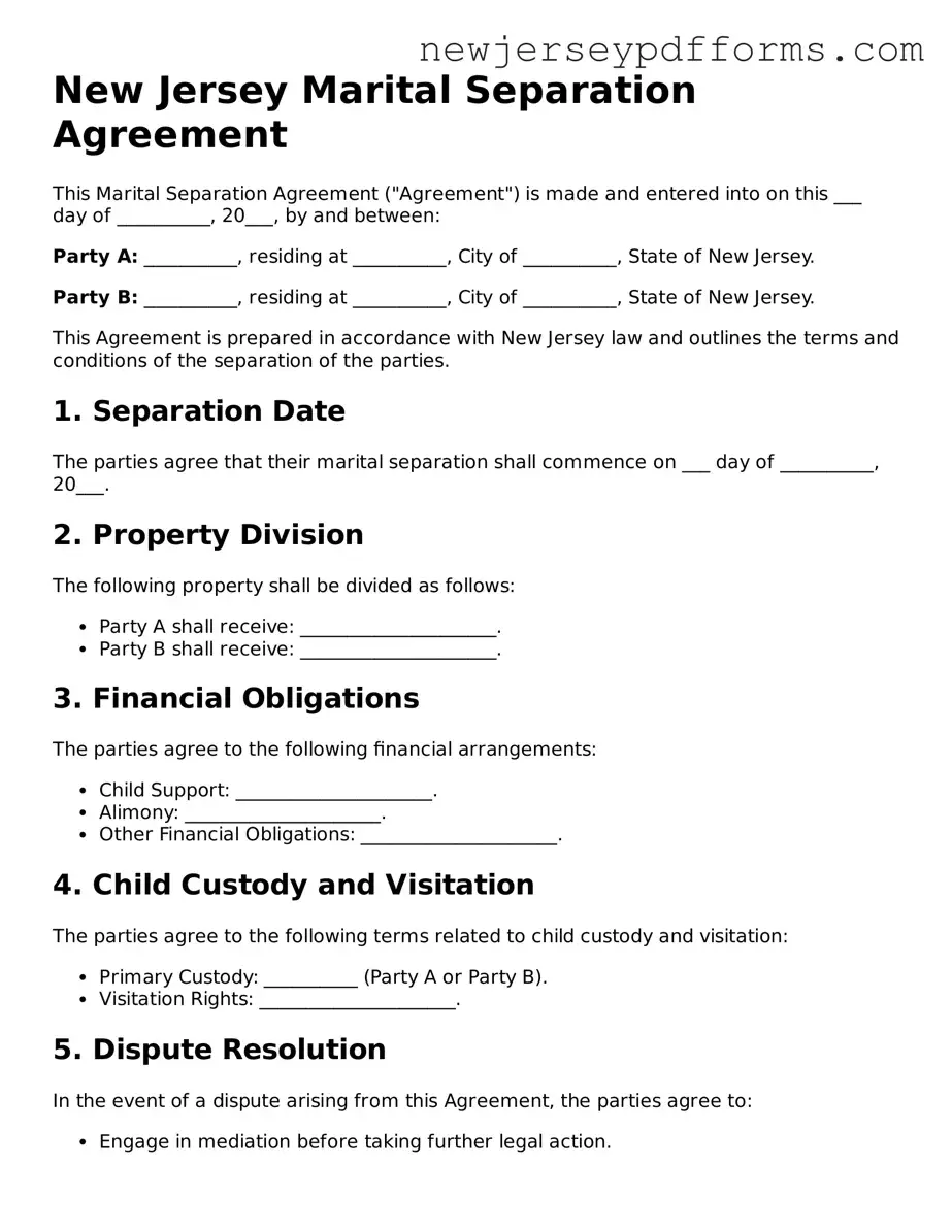 Valid Marital Separation Agreement Document for the State of New Jersey