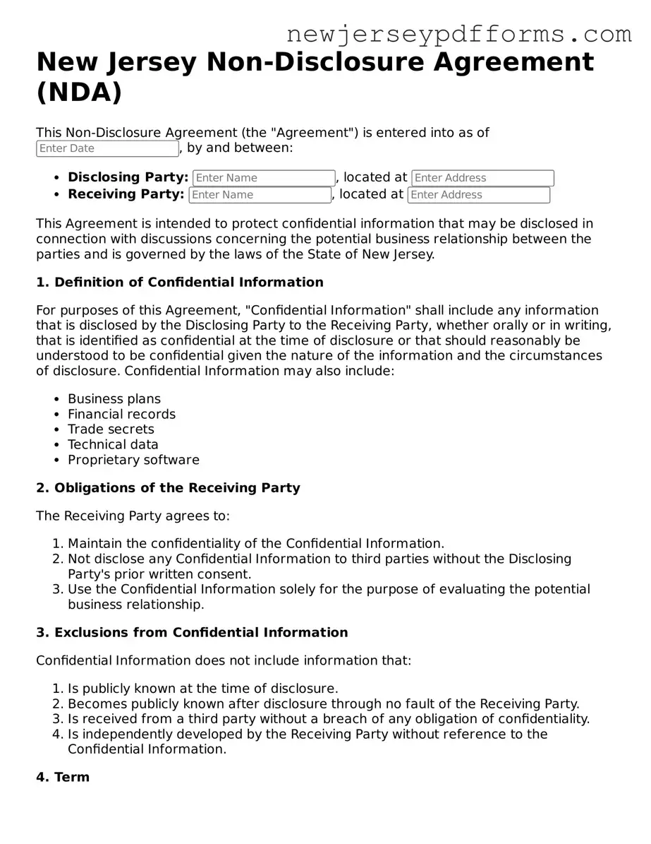 Valid Non-disclosure Agreement Document for the State of New Jersey