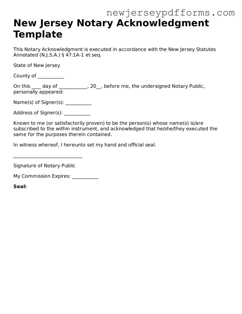 Valid Notary Acknowledgement Document for the State of New Jersey