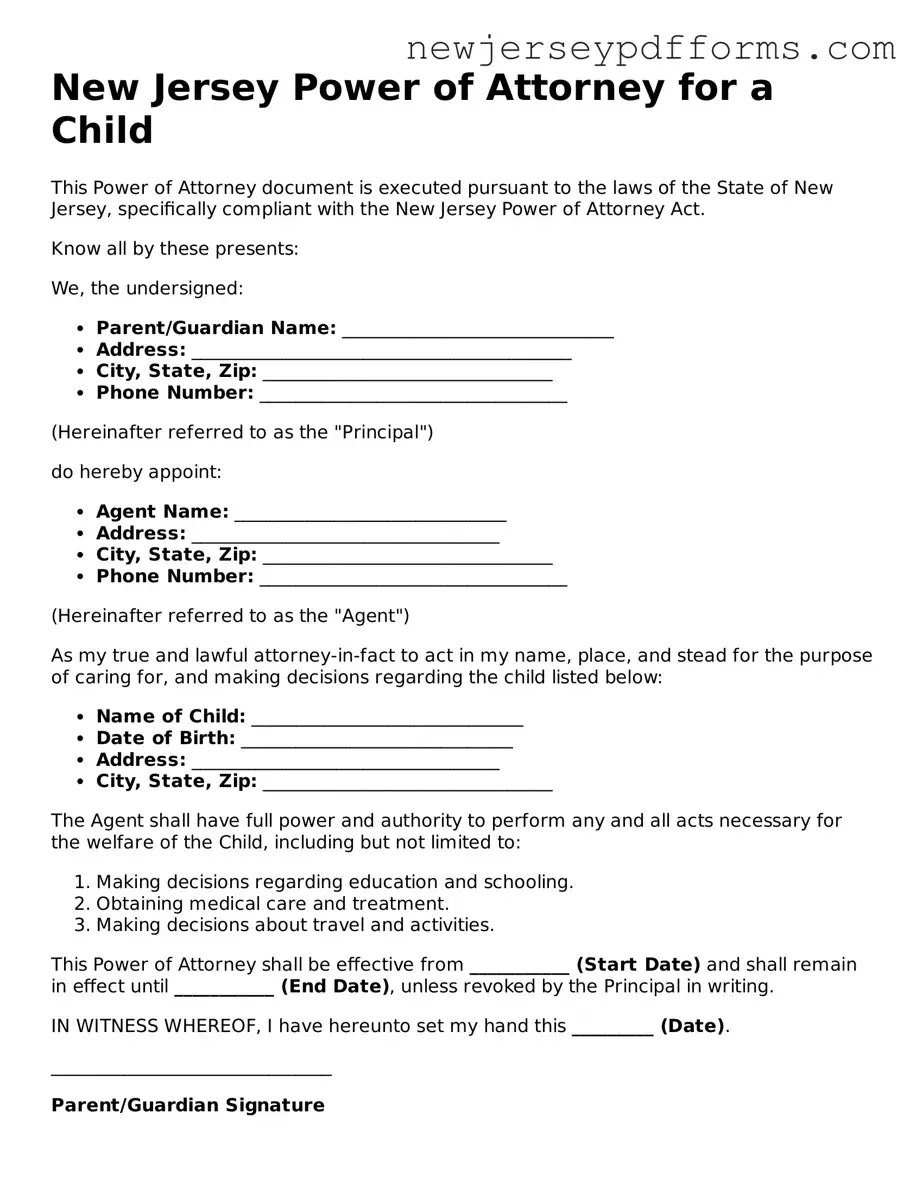 Valid Power of Attorney for a Child Document for the State of New Jersey