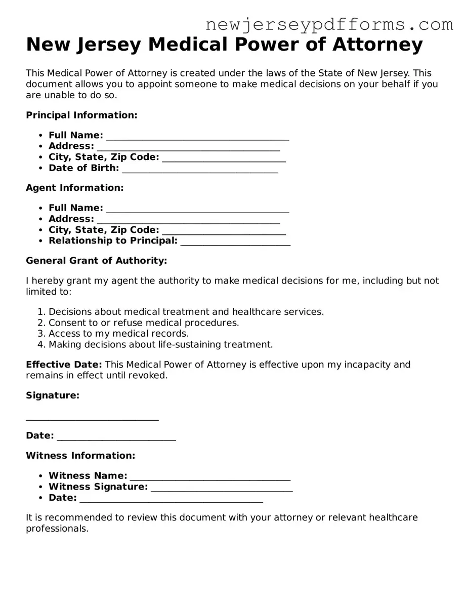 Valid Medical Power of Attorney Document for the State of New Jersey