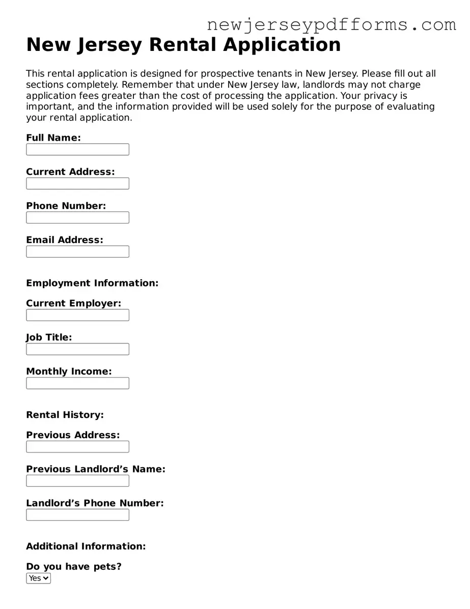 Valid Rental Application Document for the State of New Jersey