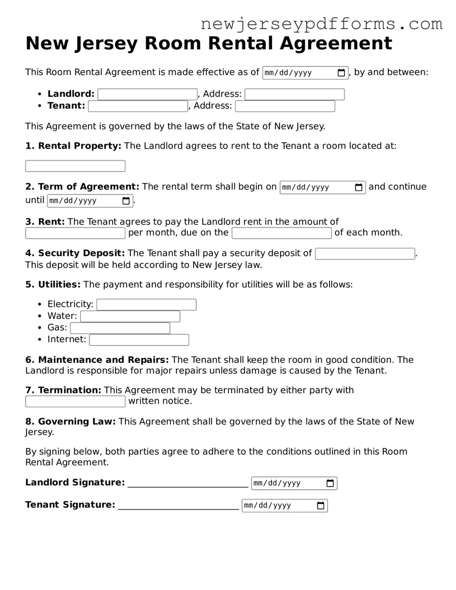 Valid Room Rental Agreement Document for the State of New Jersey