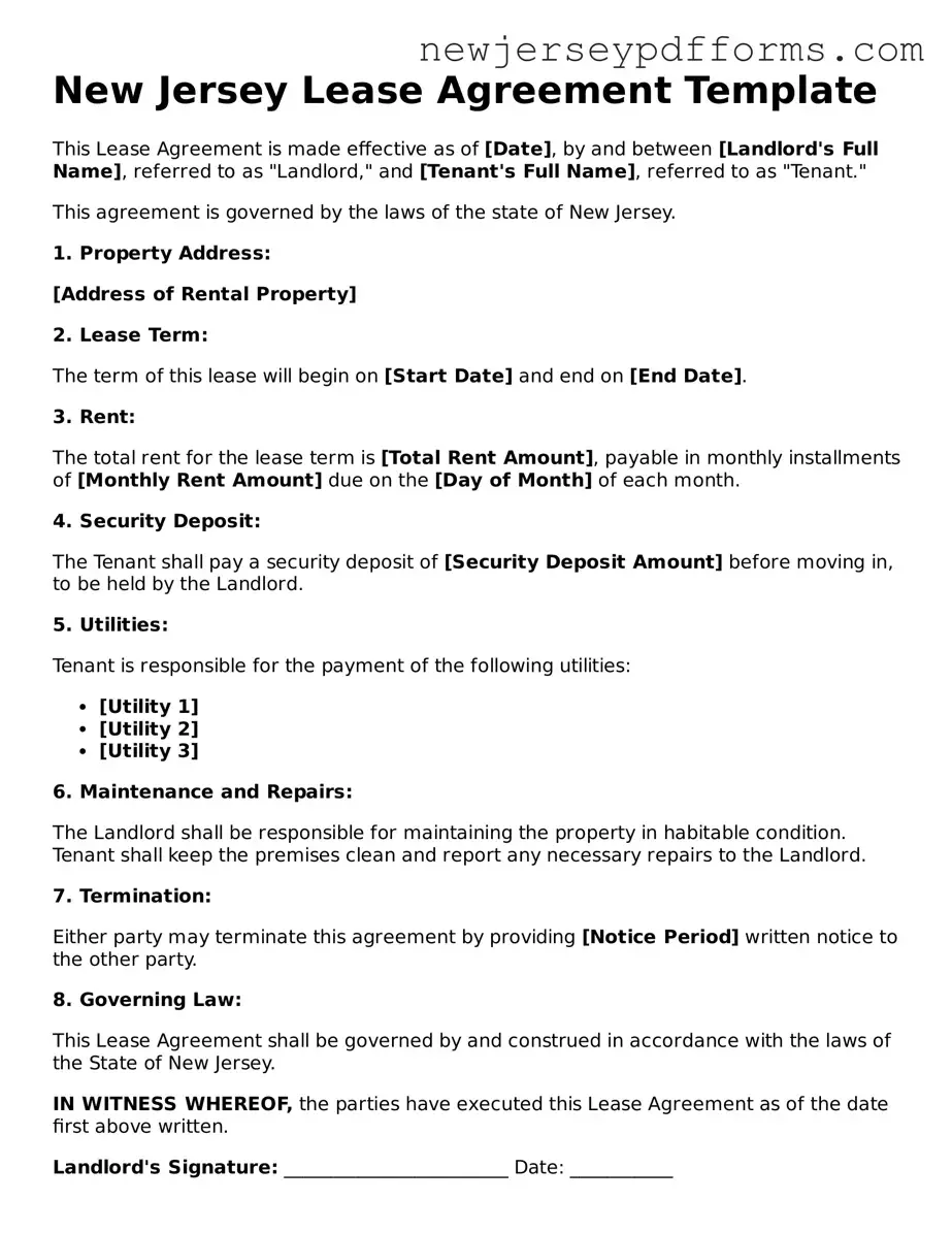 Valid Lease Agreement Document for the State of New Jersey