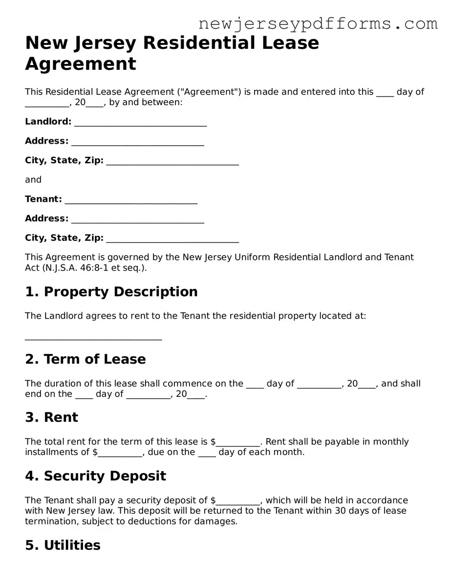 Valid Residential Lease Agreement Document for the State of New Jersey