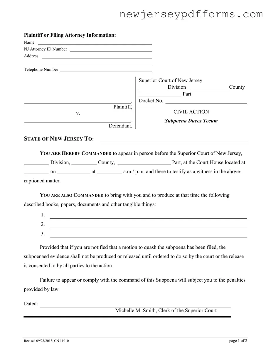 Printable New Jersey Subpoena Form