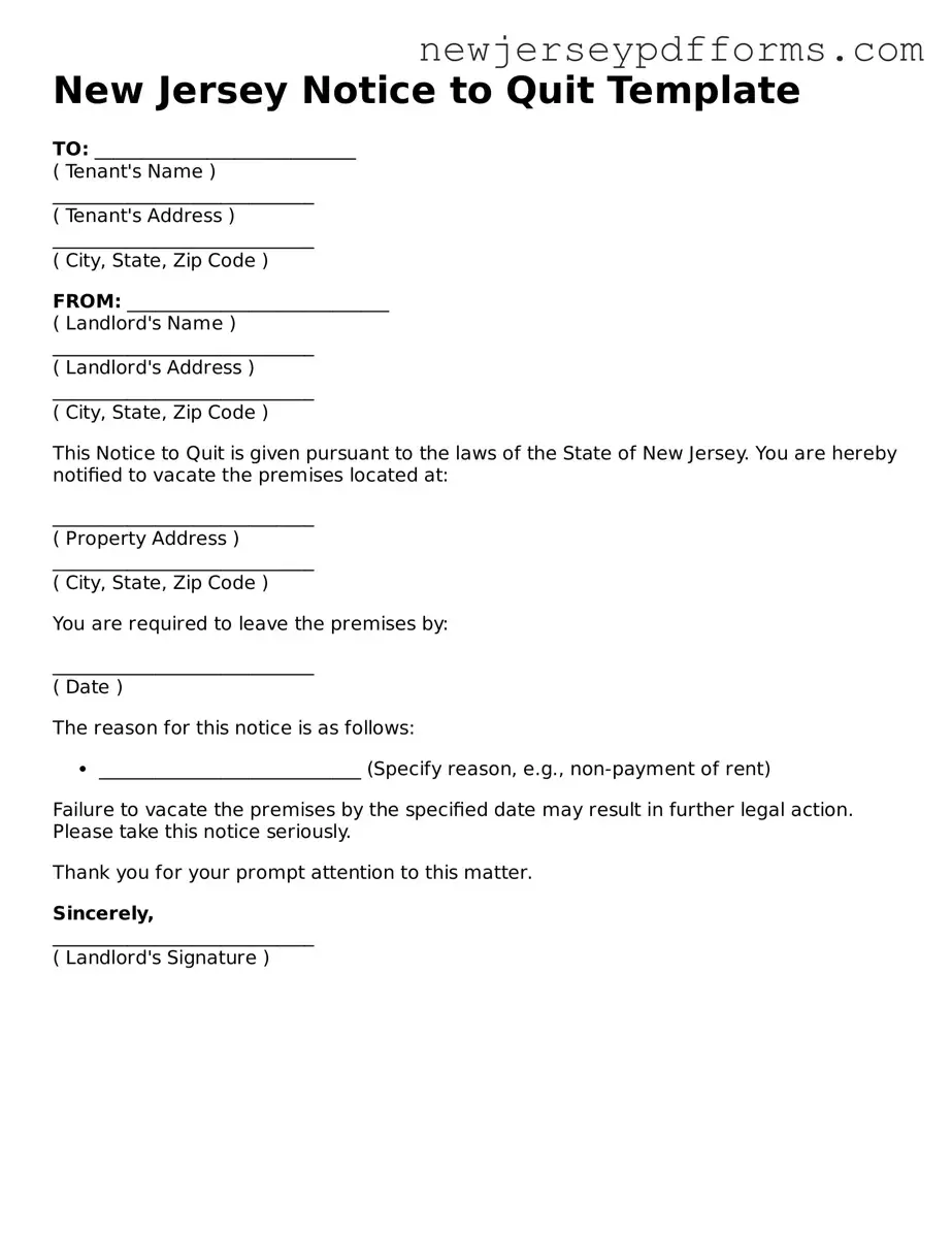 Valid Notice to Quit Document for the State of New Jersey