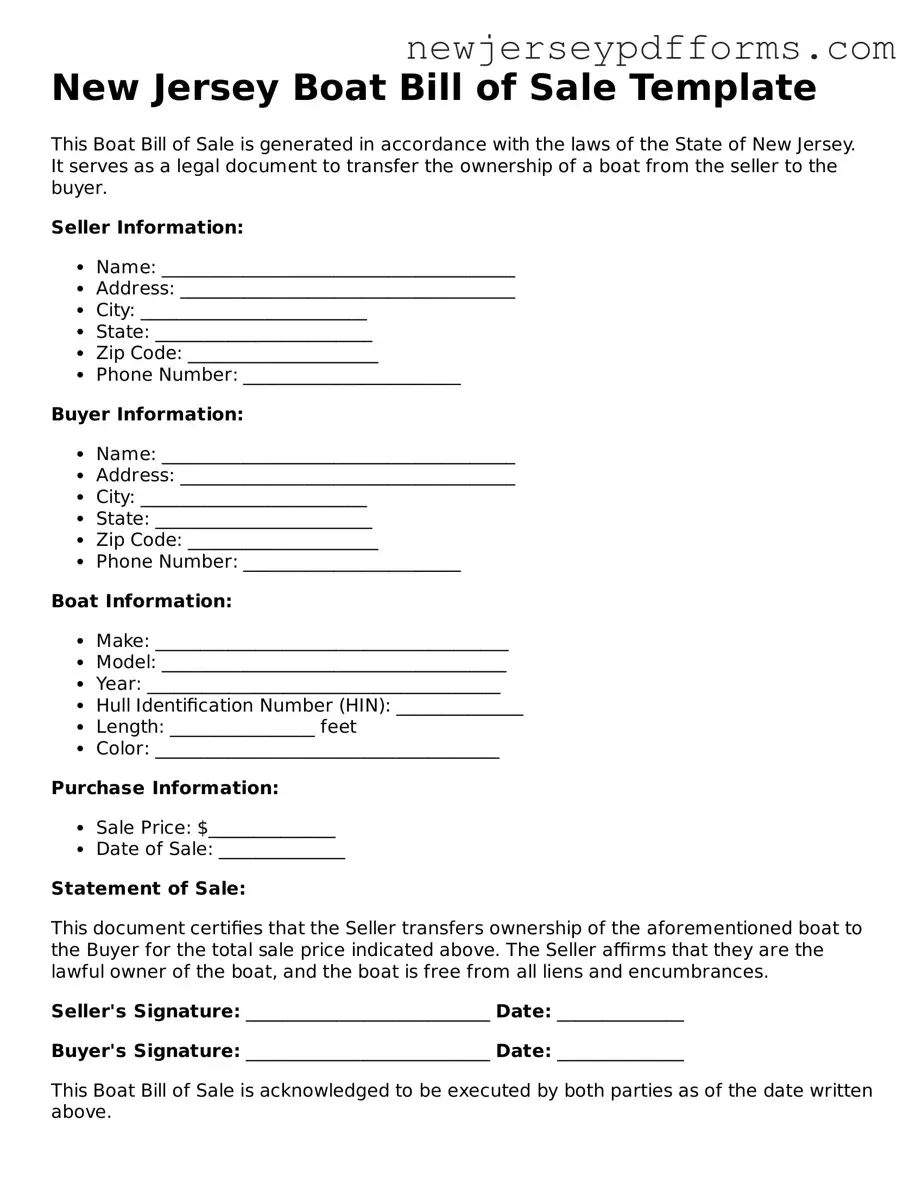 Valid Boat Bill of Sale Document for the State of New Jersey