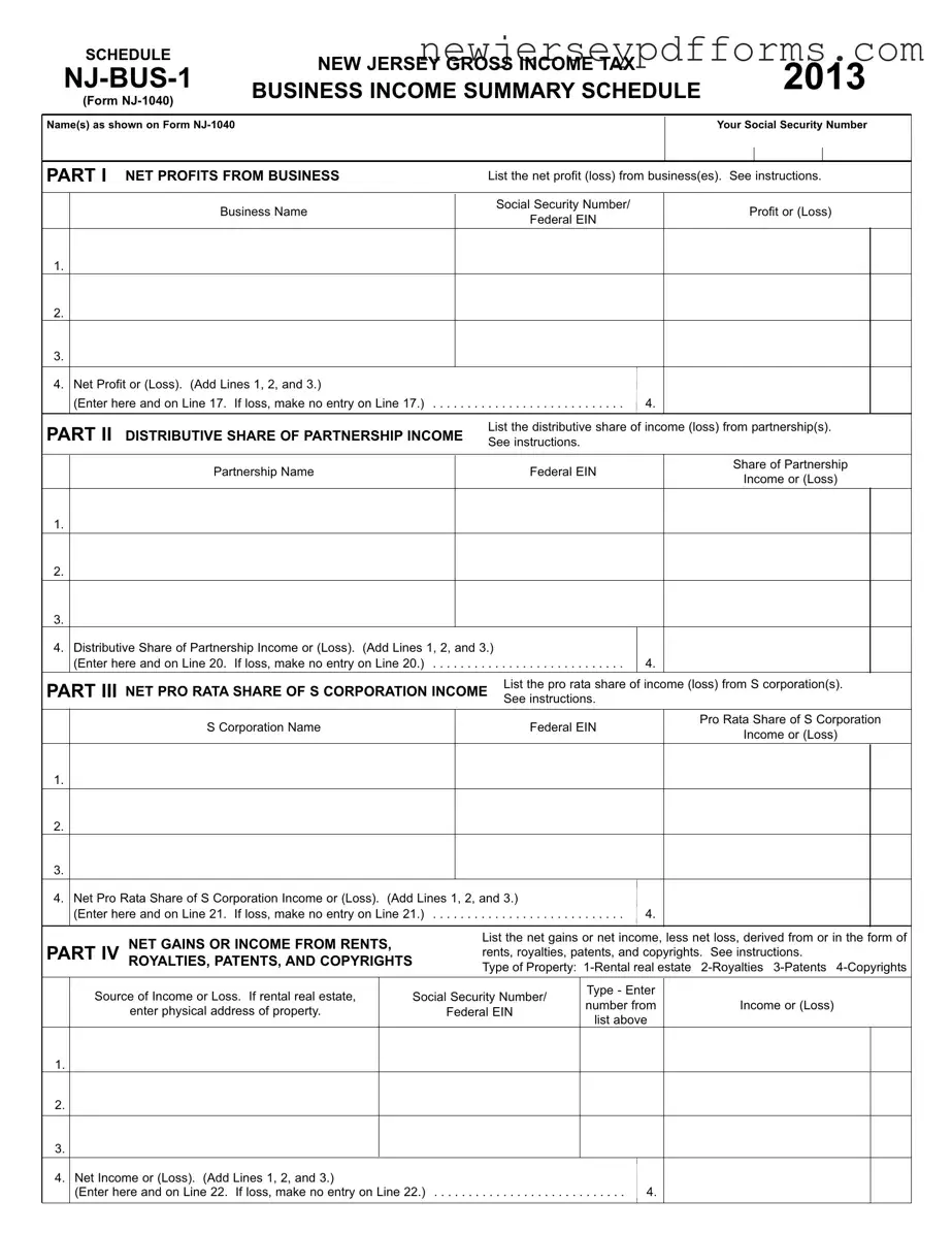 Printable Nj 1040 Schedule Nj Bus 1 Form