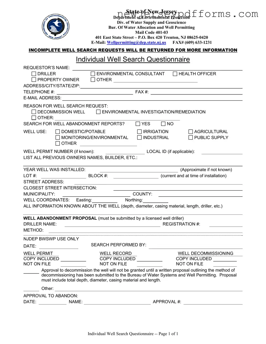 Printable Nj Dep Well Search Form