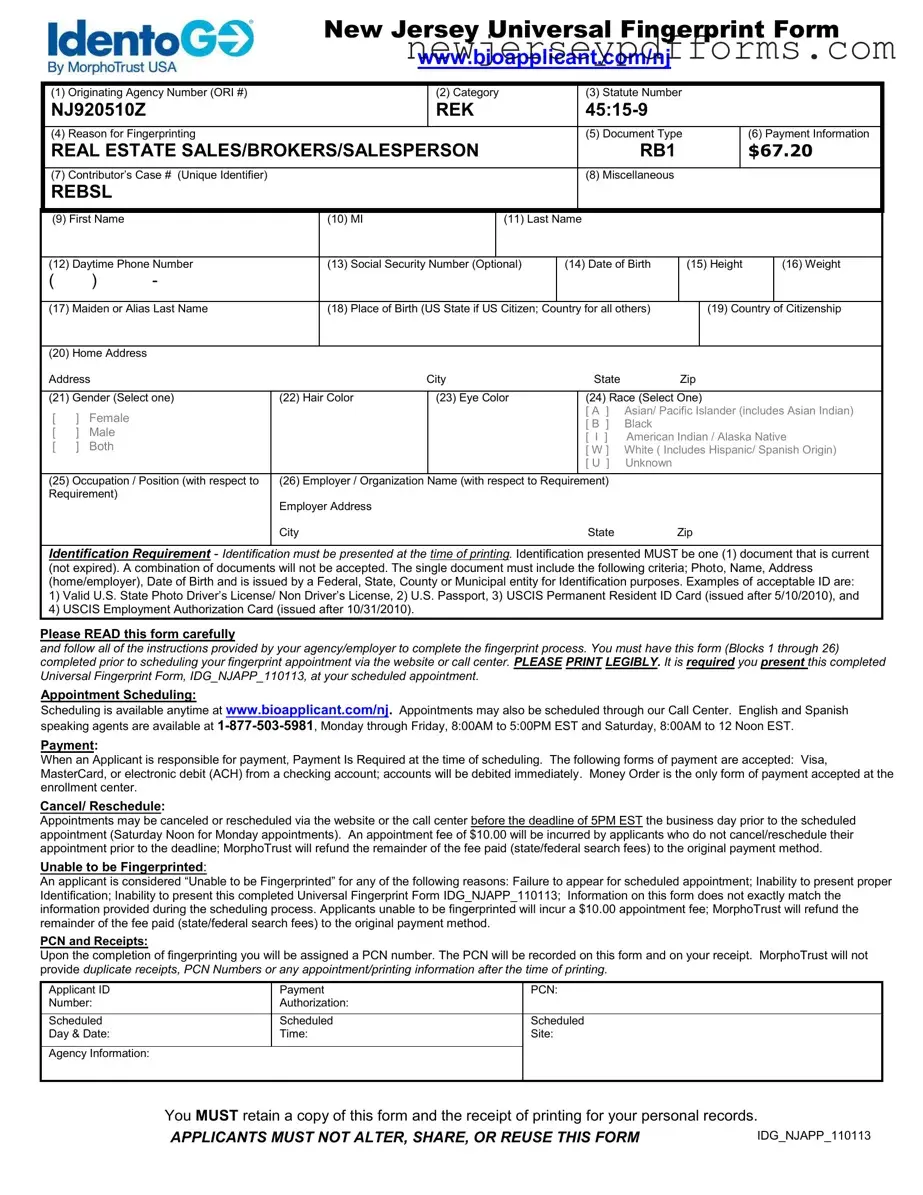 Printable Nj Fingerprint Form