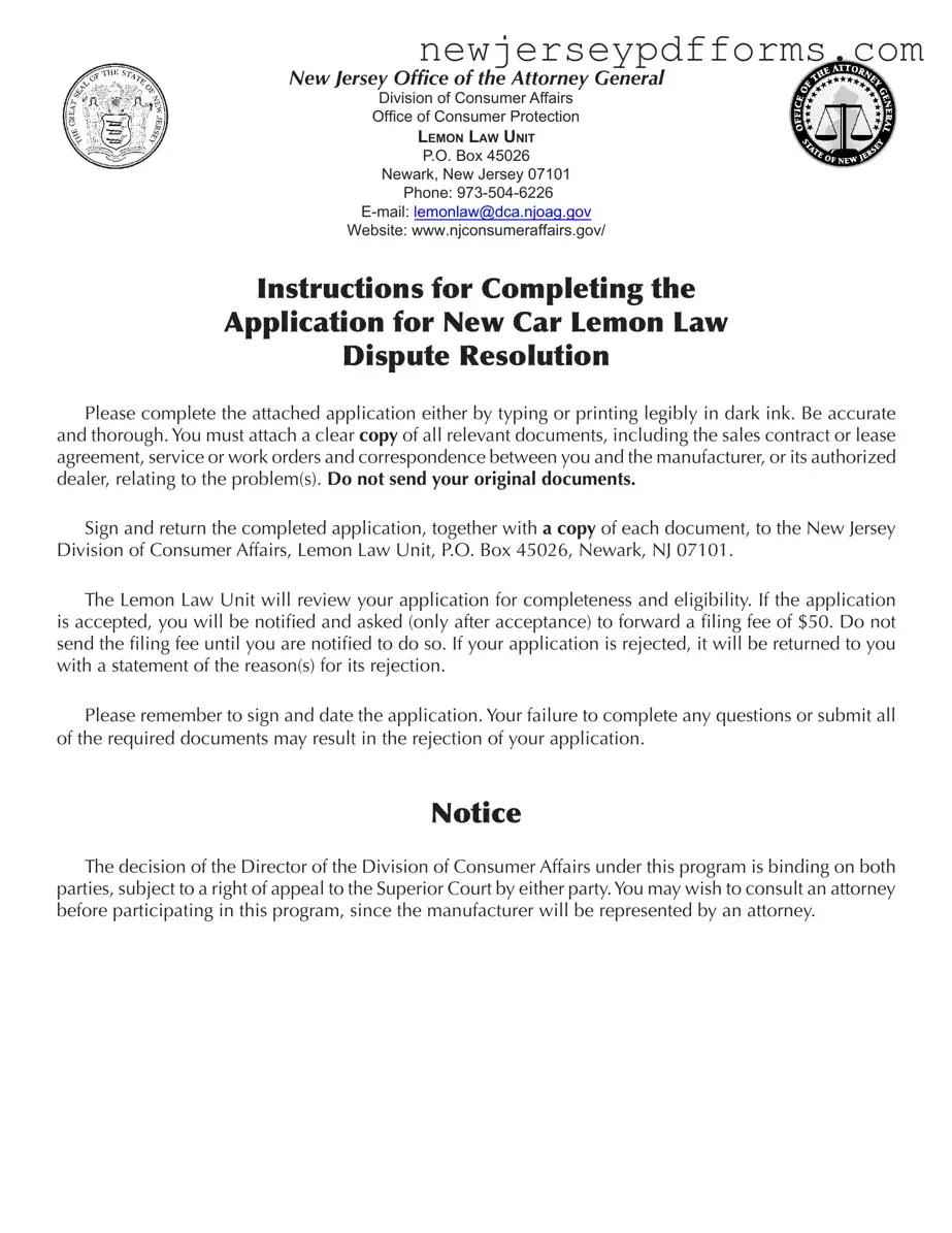 Printable Nj Lemon Law Application Form