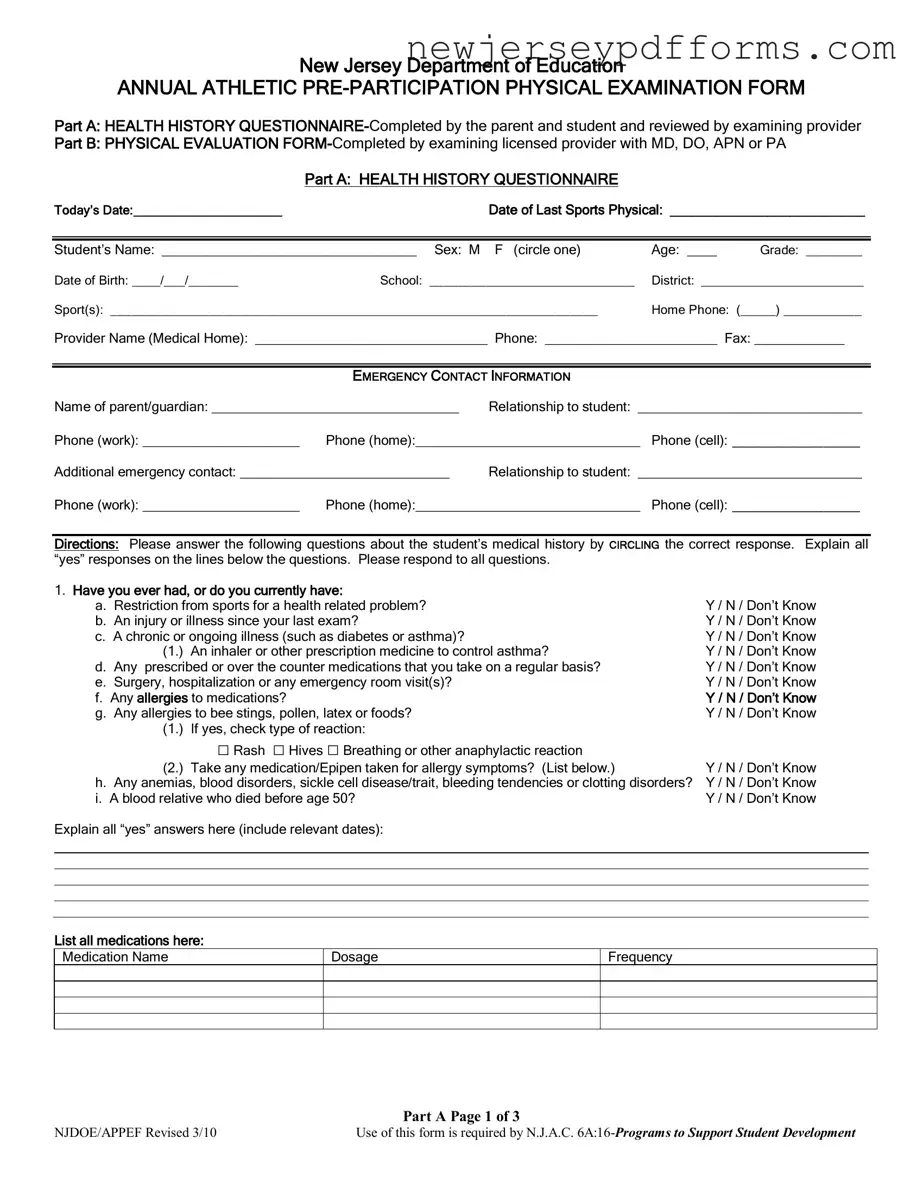 Printable Nj Sports Phisical Form