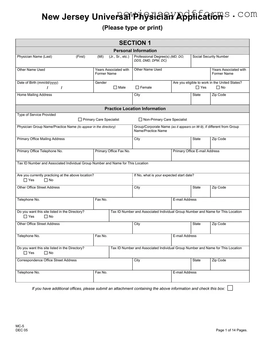 Printable Nj Universal Physician Application Form