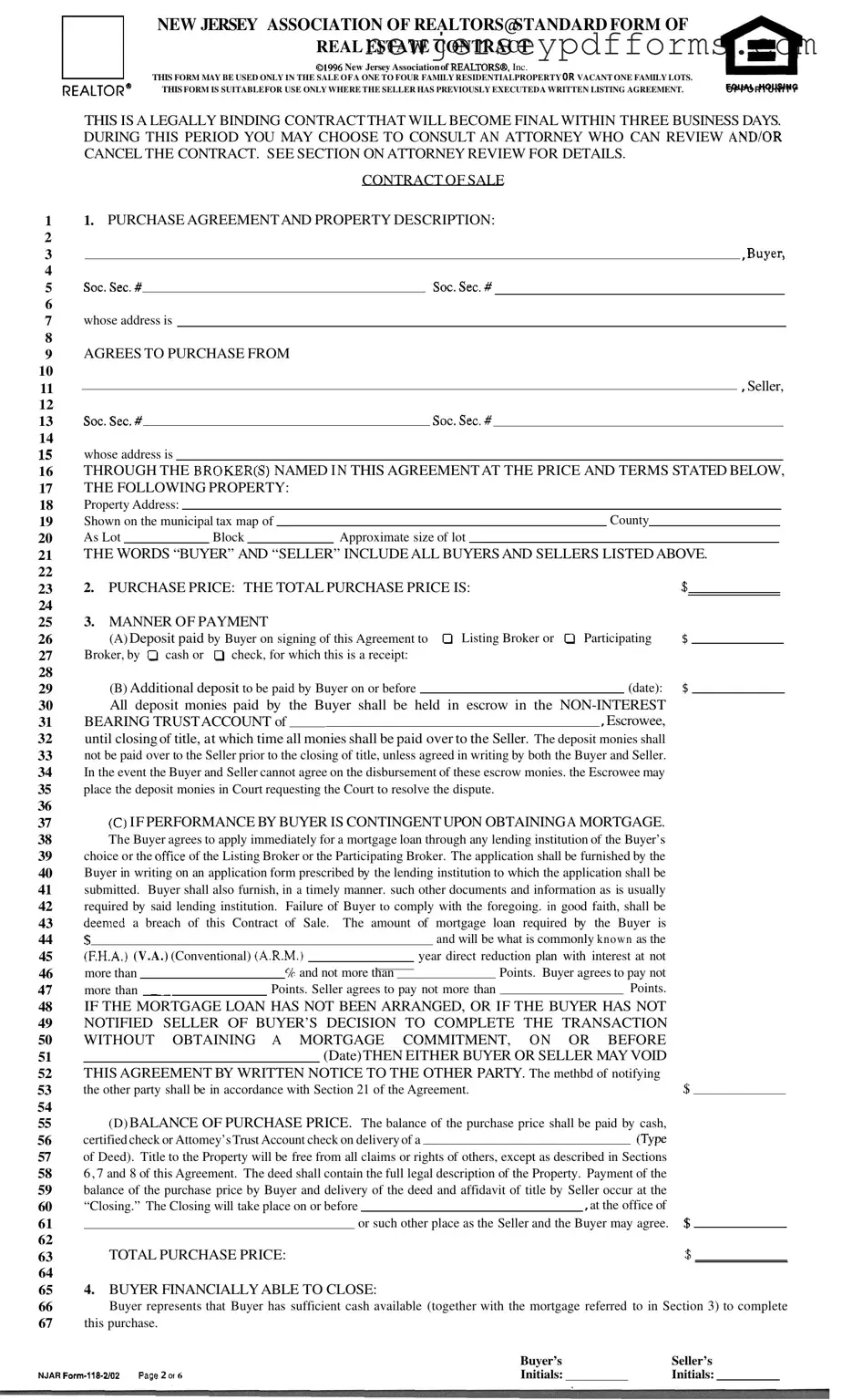 Printable Njar Real Estate Contract Form