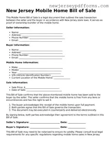 Valid Mobile Home Bill of Sale Document for the State of New Jersey
