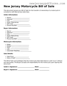 Valid Motorcycle Bill of Sale Document for the State of New Jersey