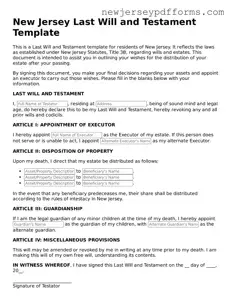 Valid Last Will and Testament Document for the State of New Jersey