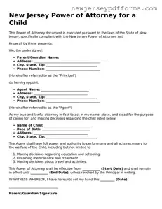 Valid Power of Attorney for a Child Document for the State of New Jersey