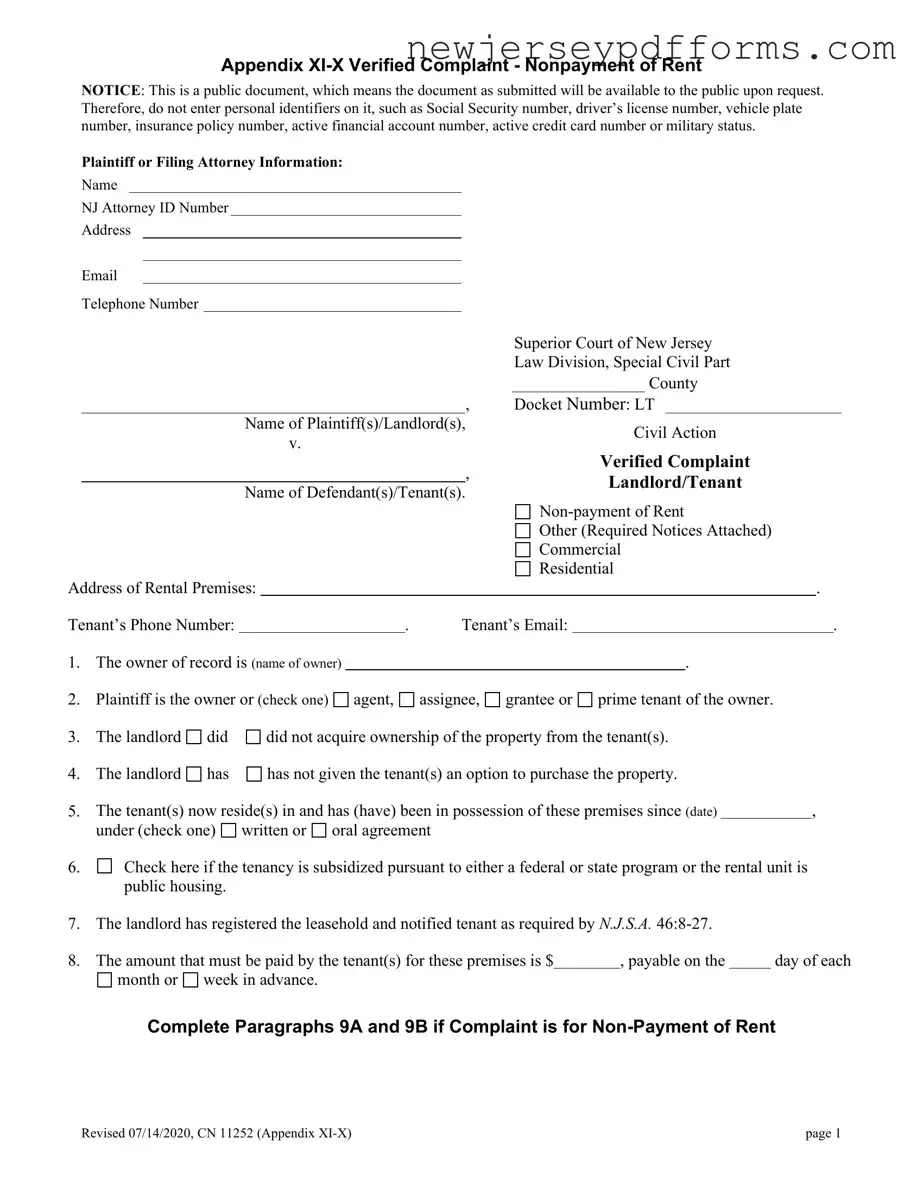 Printable Verified Complaint Landlord Tenant New Jersey Form